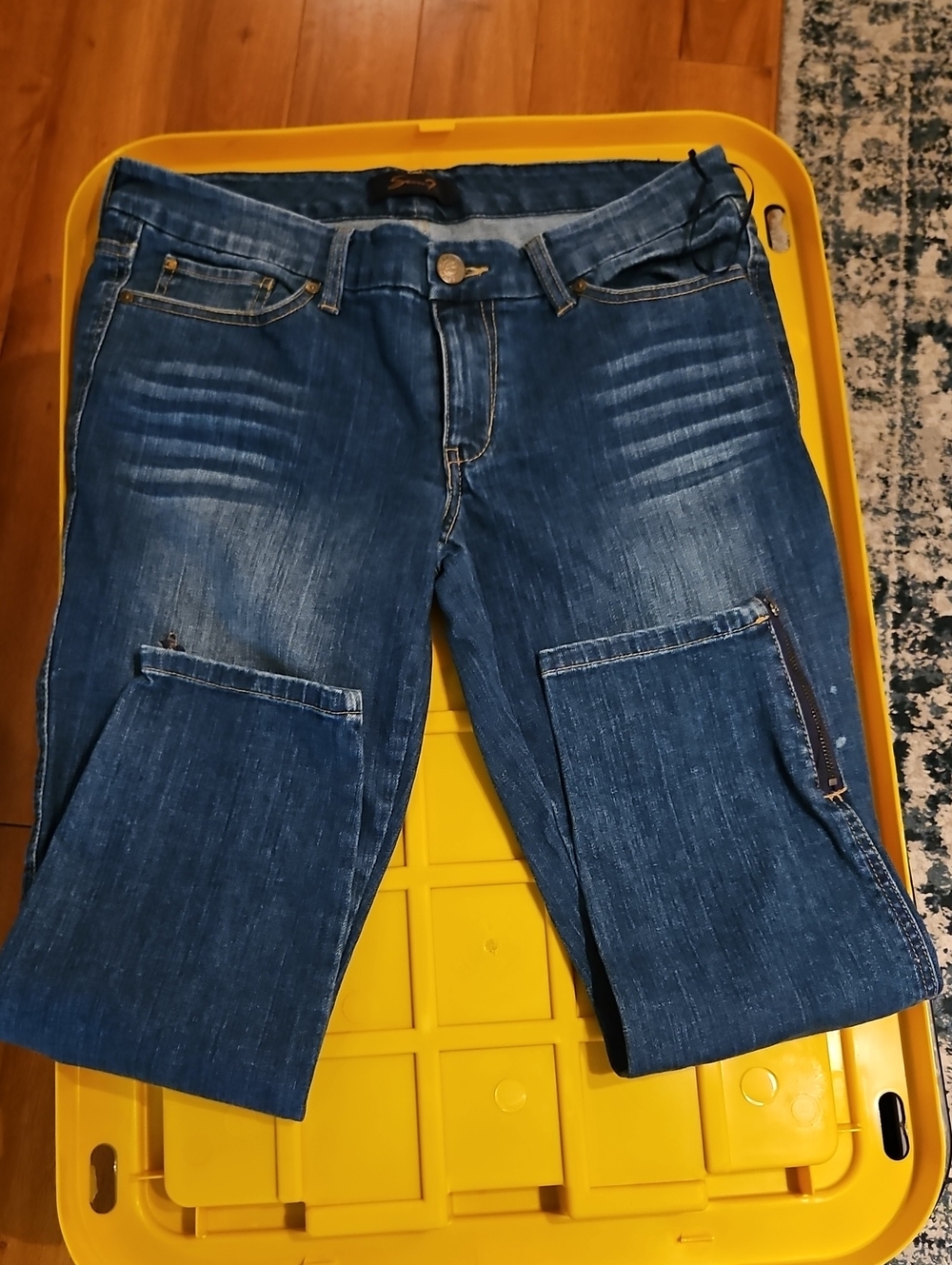 Seven7 Women's Blue Distressed Zipper Ankle Jeans
